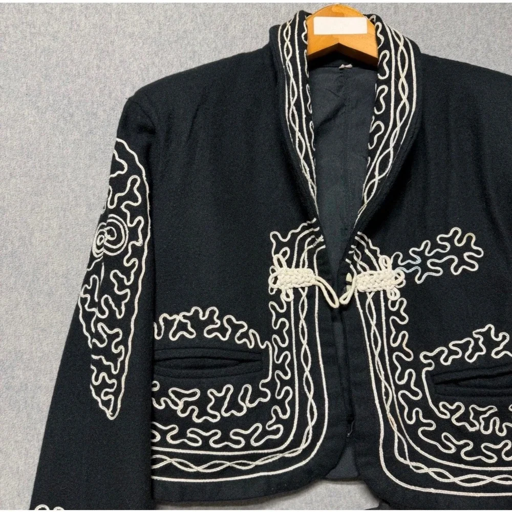 Vintage Black White Soutache Embroidered Bolero Jacket and Vest Set Mens Small